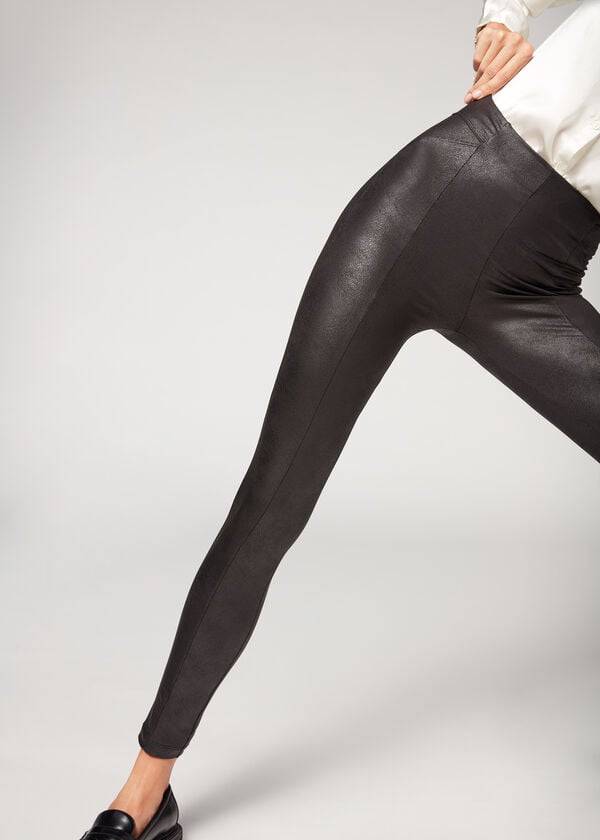 Black Calzedonia Coated Total Shaper Biker Women's Leggings | USA2634TV