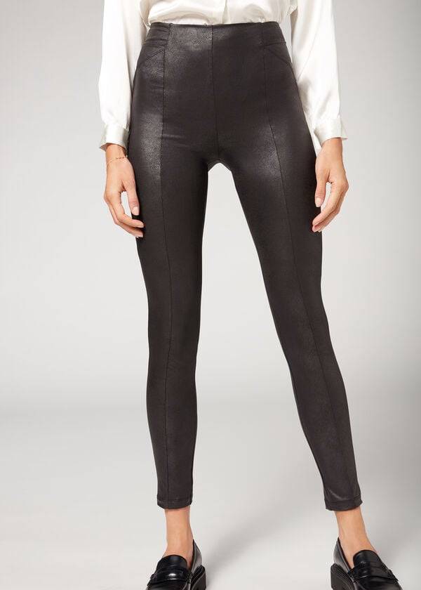 Black Calzedonia Coated Total Shaper Biker Women\'s Leggings | USA2634TV