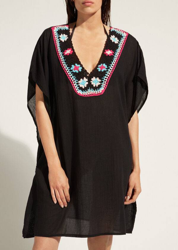 Black Calzedonia Crochet Neckline Kaftan Women\'s Cover Ups | USA2074VD