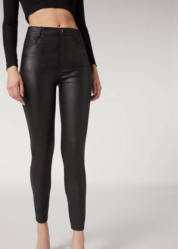 Black Calzedonia Faux Leather Skinny Women\'s Leggings | USA2643FM