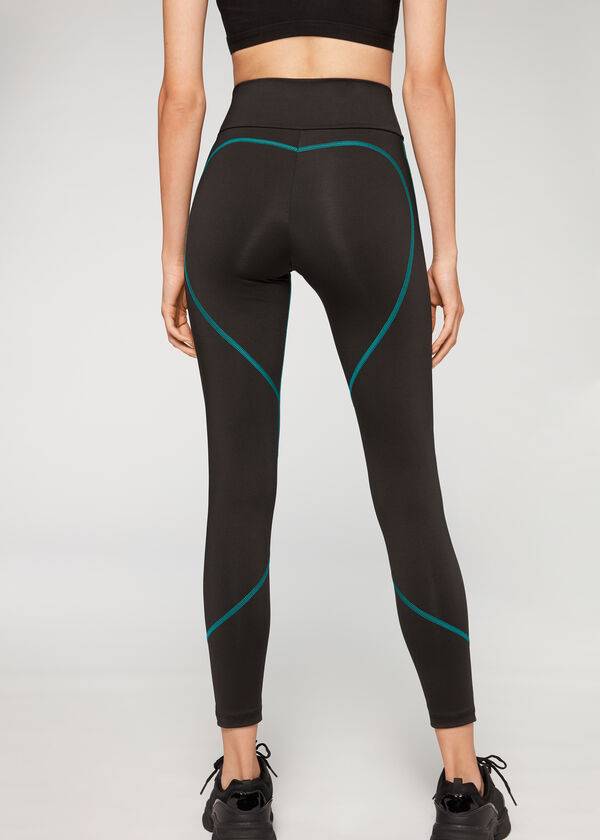 Black / Green Calzedonia Contrast Seam Performance Athletic Women's Leggings | USA2636EX