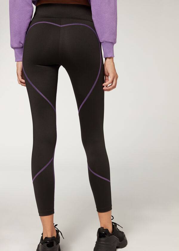 Black / Purple Calzedonia Contrast Seam Performance Athletic Women's Leggings | USA2635RW