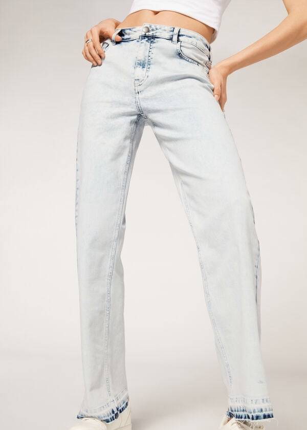 Blue Calzedonia Wide-Leg Frayed Women's Jeans | USA2618ZG