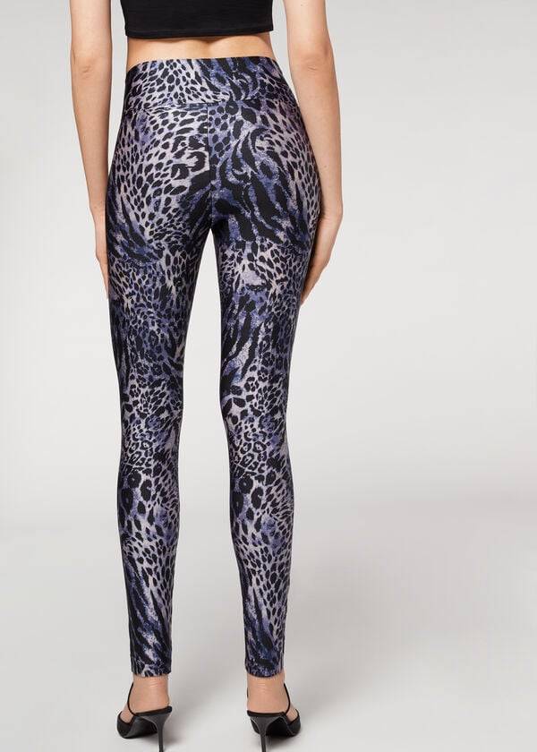 Blue / Grey Calzedonia Shiny Animal-Print Athletic Women's Leggings | USA2680EX