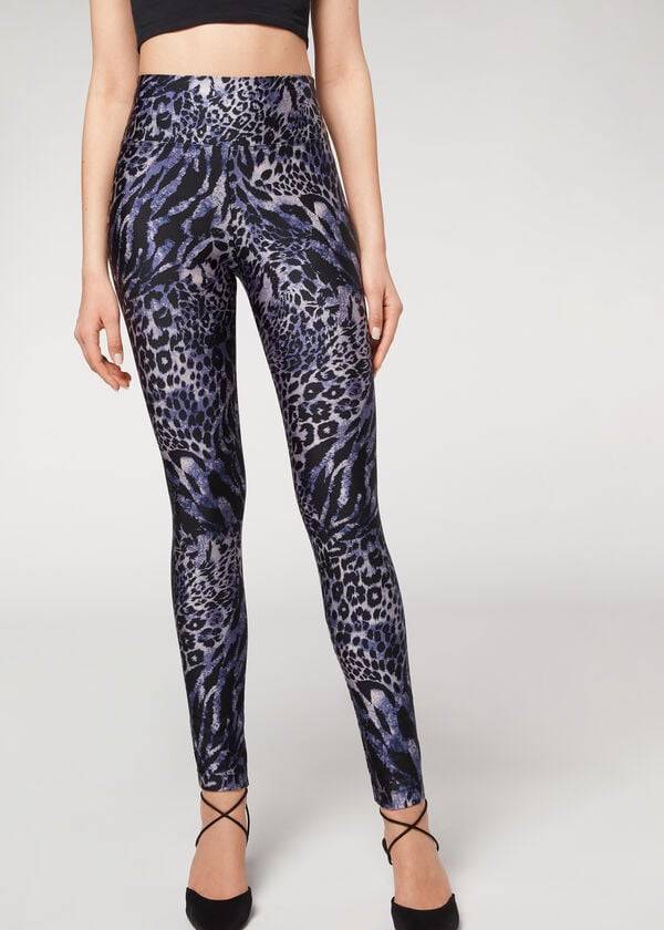 Blue / Grey Calzedonia Shiny Animal-Print Athletic Women\'s Leggings | USA2680EX