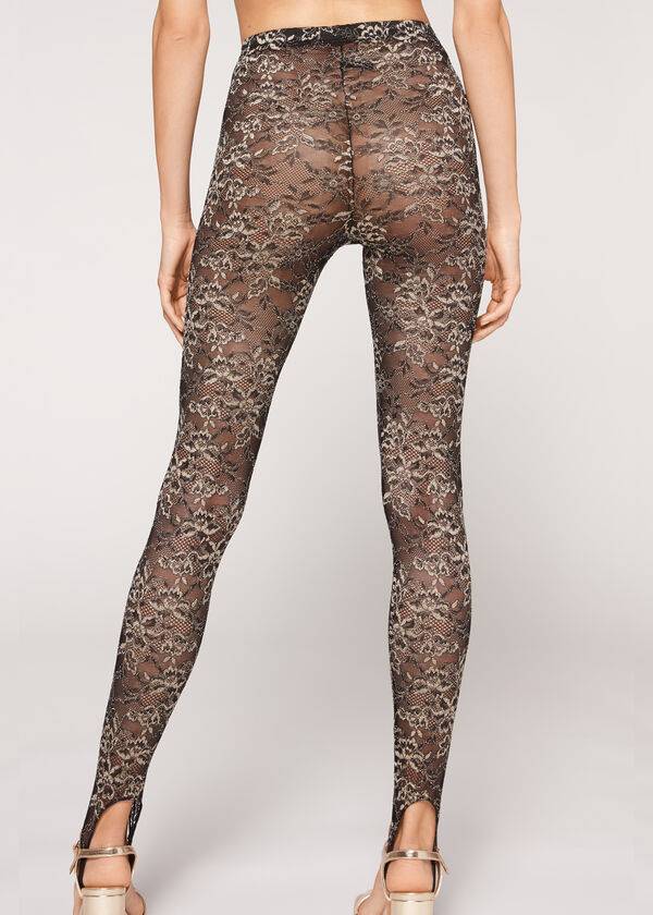 Brown / Black Calzedonia Glitter Lace Stirrup Women's Leggings | USA2655WY