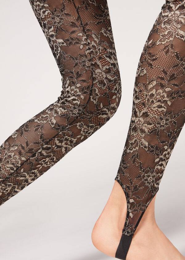 Brown / Black Calzedonia Glitter Lace Stirrup Women's Leggings | USA2655WY