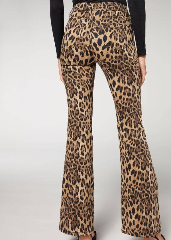 Brown Calzedonia Animal Print Flared Women's Jeans | USA2561NB