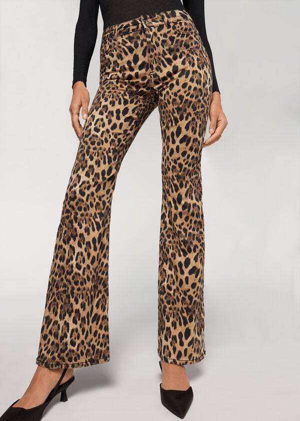 Brown Calzedonia Animal Print Flared Women's Jeans | USA2561NB