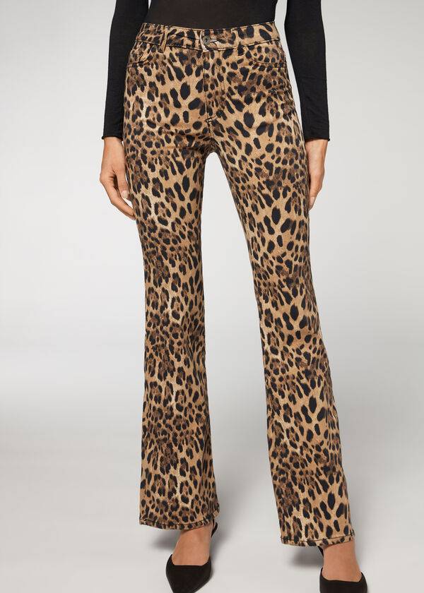 Brown Calzedonia Animal Print Flared Women\'s Jeans | USA2561NB