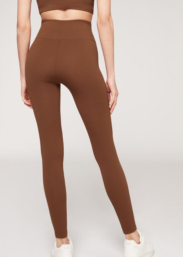 Brown Calzedonia Fine Ribbed Seamless Sport Women's Leggings | USA2649IS