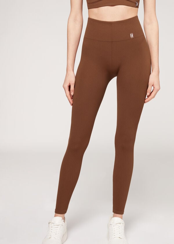 Brown Calzedonia Fine Ribbed Seamless Sport Women\'s Leggings | USA2649IS