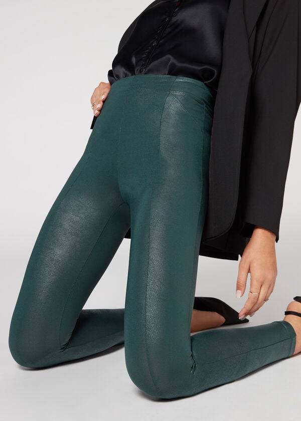 Green Calzedonia Coated Total Shaper Biker Women's Leggings | USA2633YU