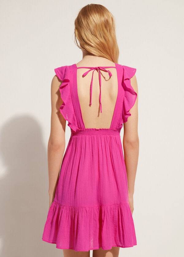 Pink Calzedonia Mini Dress with Ruffle and Passementerie Women's Cover Ups | USA2108TV