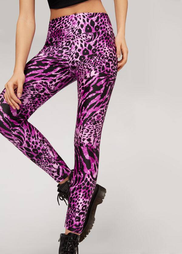 Pink Calzedonia Shiny Animal-Print Athletic Women's Leggings | USA2682QZ