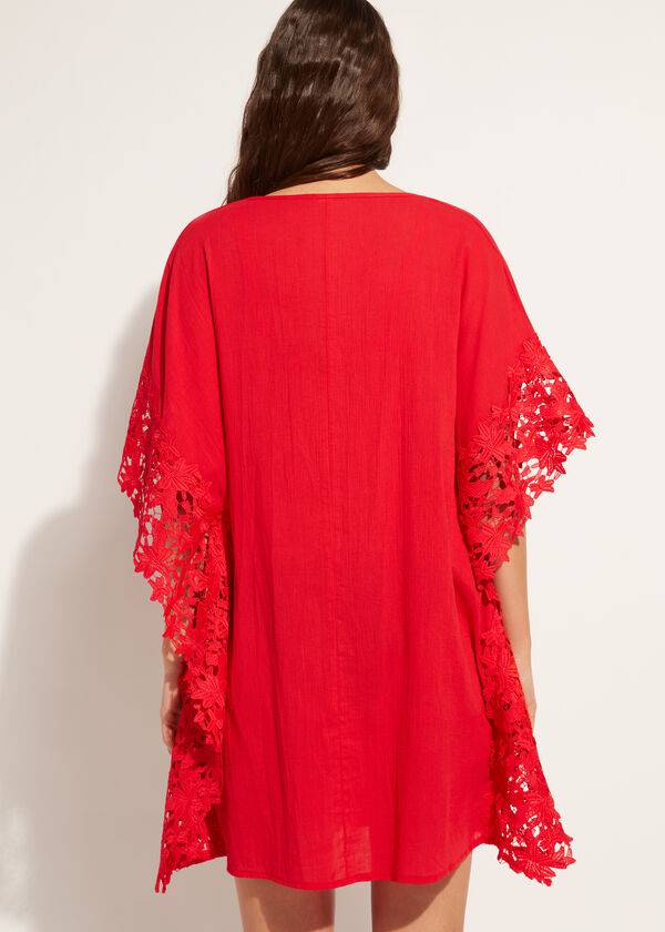 Red Calzedonia Floral Macramé Lace Caftan Women's Cover Ups | USA2080EX