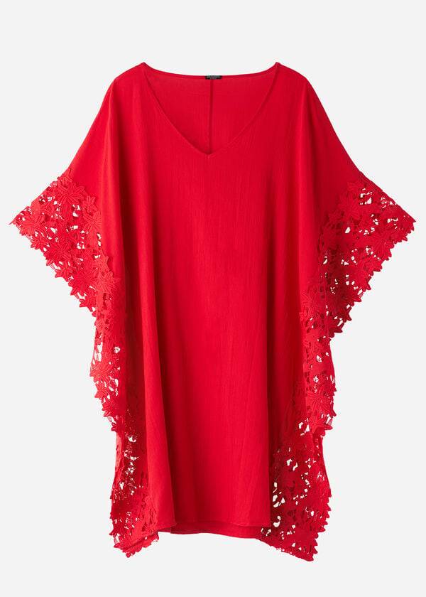 Red Calzedonia Floral Macramé Lace Caftan Women's Cover Ups | USA2080EX