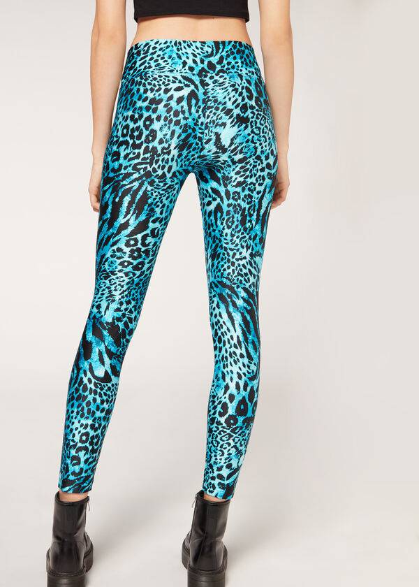 Turquoise Calzedonia Shiny Animal-Print Athletic Women's Leggings | USA2681WY