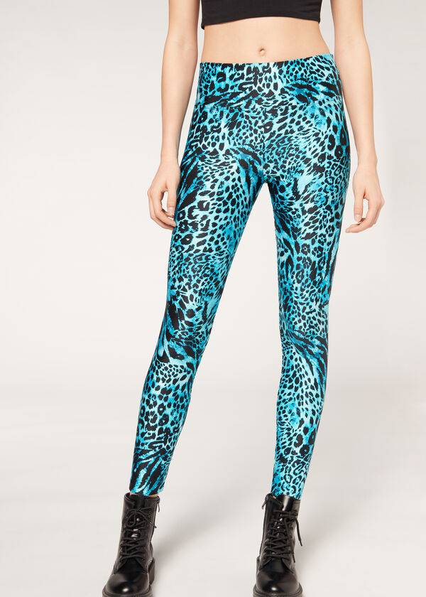 Turquoise Calzedonia Shiny Animal-Print Athletic Women\'s Leggings | USA2681WY