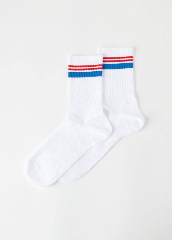 Calzedonia Crew Socks On Sale - White / Blue Stripe Motif Mens