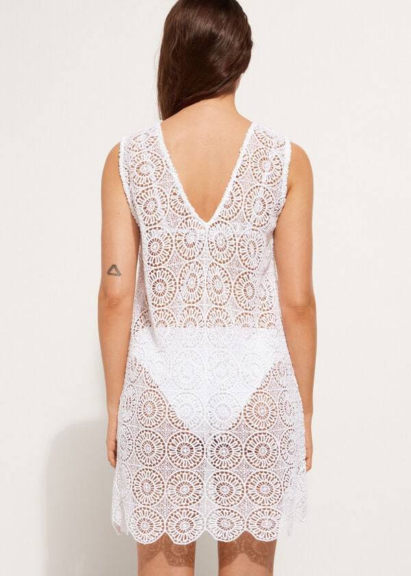 White Calzedonia Geometric Crochet Dress Women's Cover Ups | USA2083YU