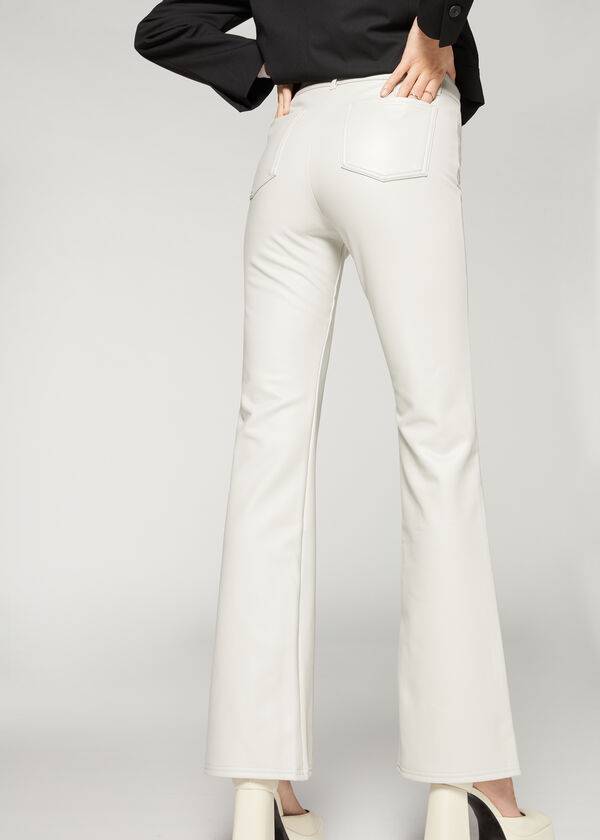 White Calzedonia Zip and Button Coated Thermal Flared Women's Leggings | USA2711NB